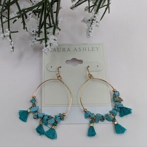LAURA ASHLEY Goldtone Hoop Earrings w/ Teal Beads & Mini Tassels NWT